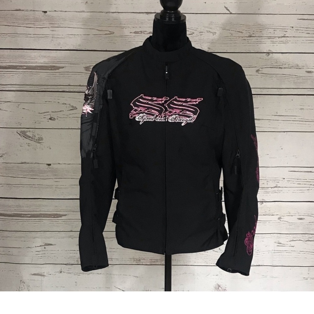 Speed and Strength Women's Black and Pink Angel Wings Motorcycle Jacket Size XS